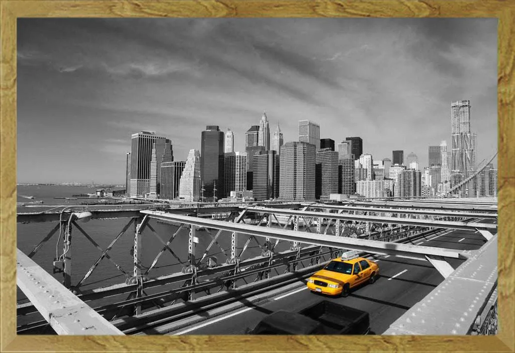 Poster New York Taxi sur Pont avec cadre amovible Shinsuke® en MDF