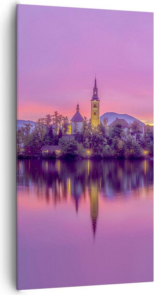 Bild auf Leinwand - Leinwandbild - Landschaft Berg See Kirche - 65x120cm - Wand Bild - Wanddeko - Leinwanddruck - Bilder - Kunstdruck - Wanddekorat...
