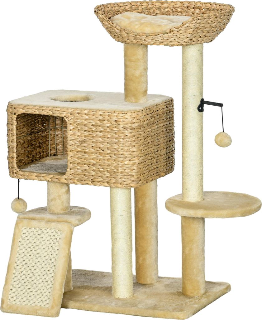 Kratzbaum Katzenbaum, 1 Katzenhöhle, 1 Katzbenbett, 1 Liegefläche, 1 Rampe, 60 cm x 40 cm x 98 cm, Natur + Beige