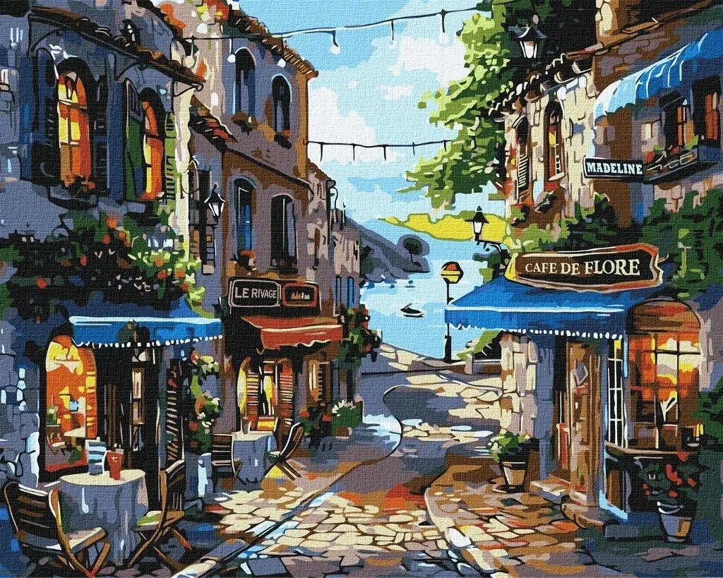 Peinture par numéros - Scène de Restaurants au Bord de l'Eau en Lin