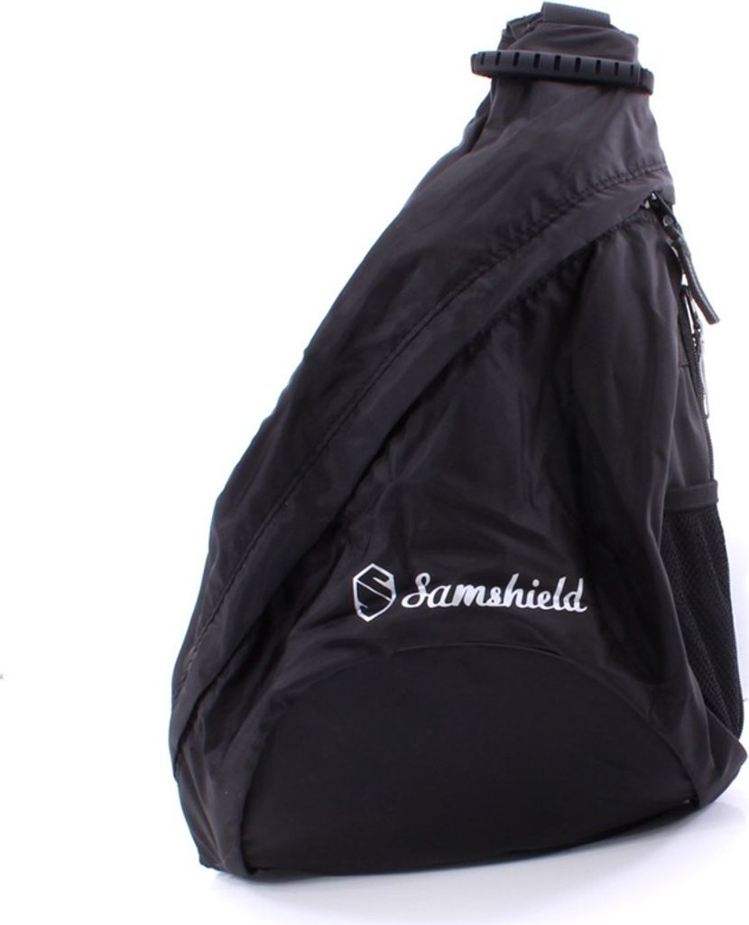 A black backpack is shown against a white background.