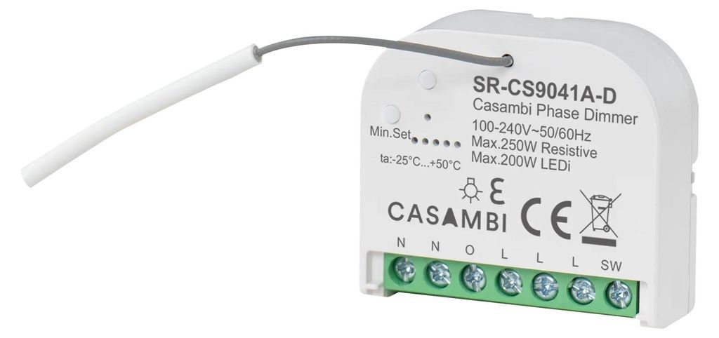 SR-CS9041A-D Casambi Micro Smart Dimmer 1-Kanal 250W, Bluetooth Mesh, 100-240V AC, Triac Unterputz