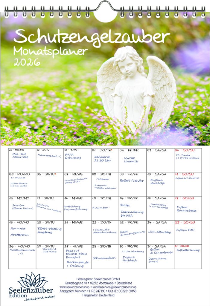 Schutzengelzauber Planer DIN A4 Kalender für 2026 Engel Schutzengel Kirche Glaube - Seelenzauber