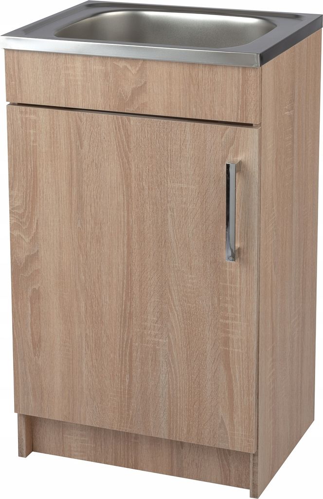 A kitchen cabinet with a sink on top.