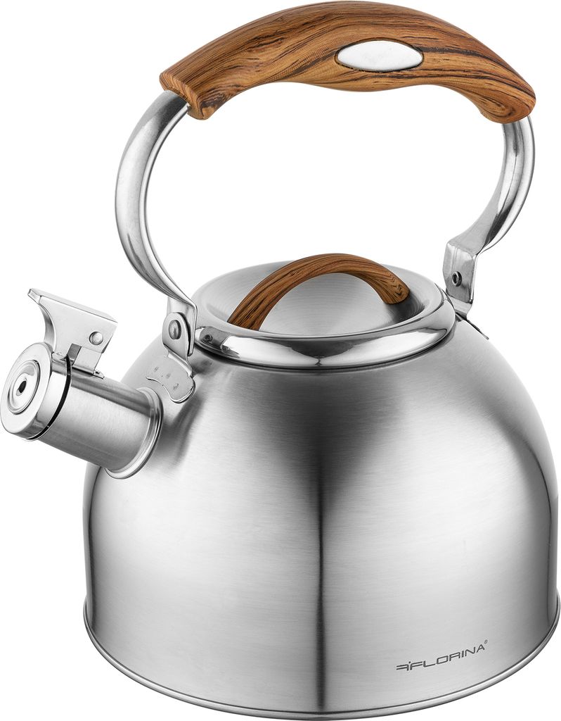 FLORINA JOE Wasserkessel (2,5 l) I Edelstahl Teekessel I Flötenkessel mit Soft-Touch Griff I Dekorative Elemente Holzimitation I Wasserkocher für...