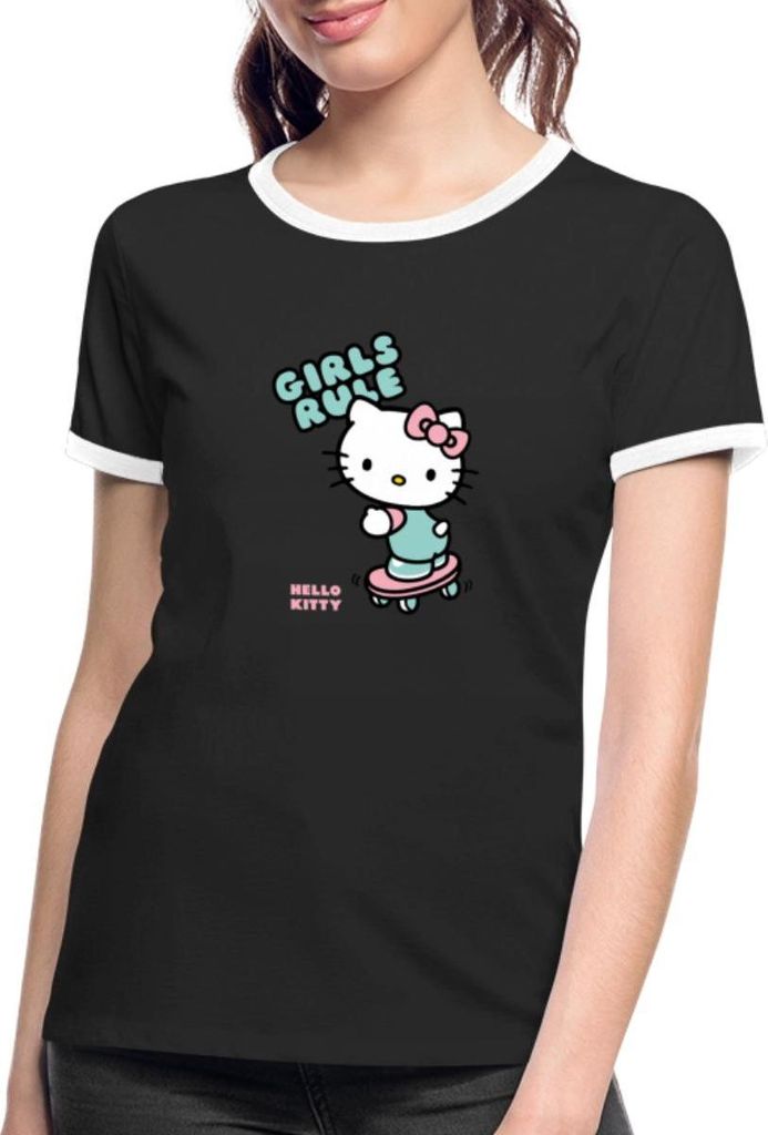 Spreadshirt Hello Kitty Auf Skateboard Girls Rule Frauen Kontrast T-Shirt, L, Schwarz/Weiß