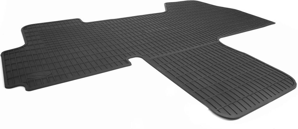 A black rubber floor mat for a vehicle, shown from a slightly elevated angle against a white background.