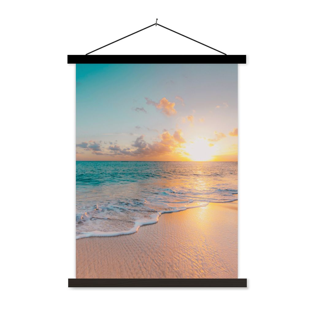 MuchoWow Textilposter Sonnenuntergang - Strand - Meer - Sommer - Blau 40x53 cm mit schwarzem Rahmen - Abbildung