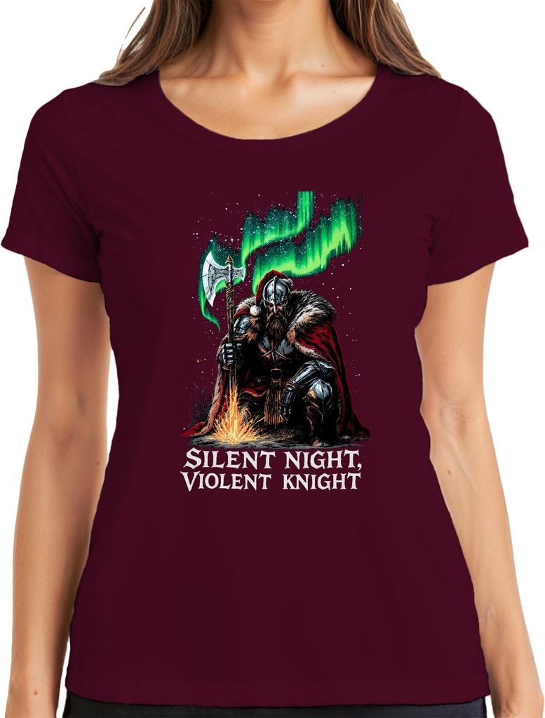 Silent Night Violent Knight Wikinger Axt Nordlicht Weihnachten Damen T-Shirt, Burgundy, S