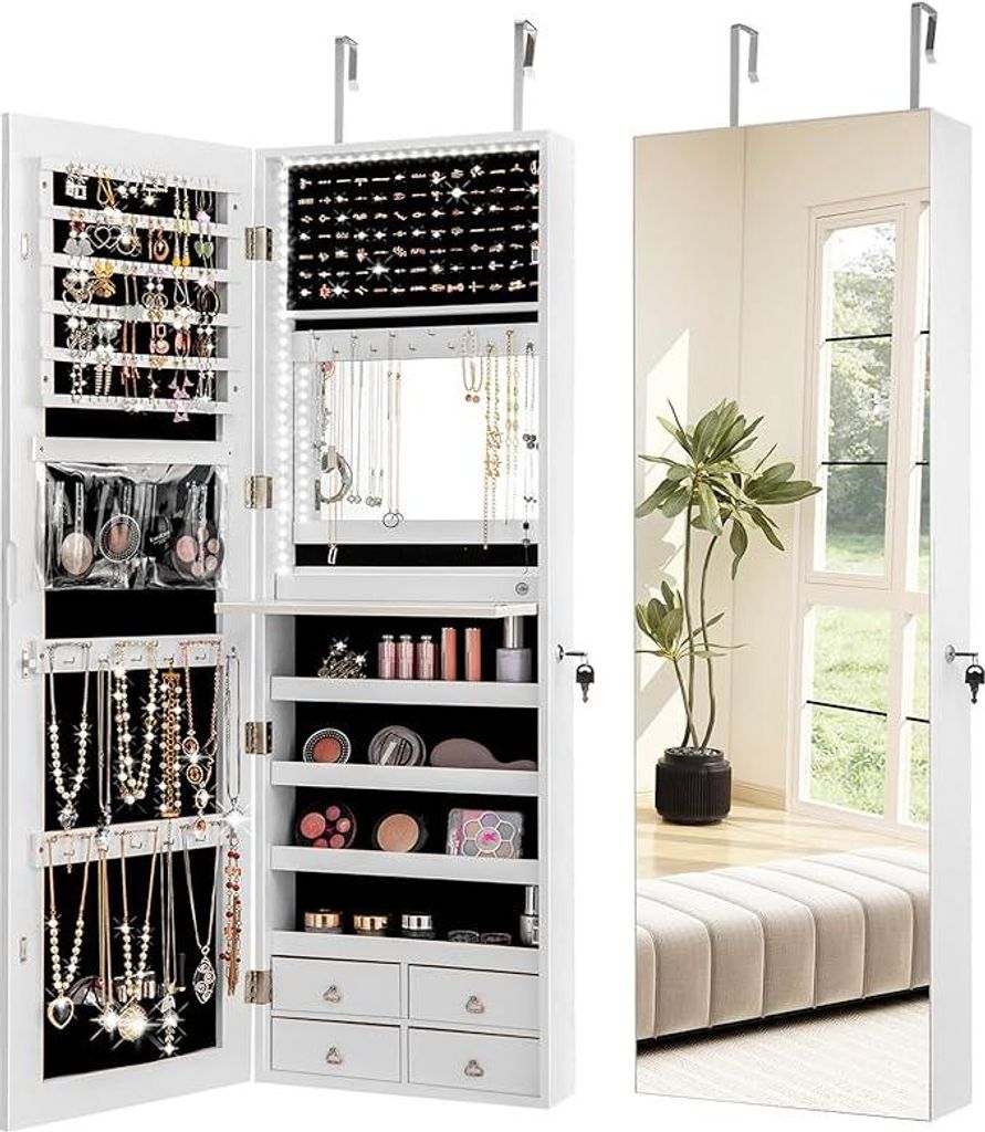 A white jewelry cabinet with a mirror on the right side, showing a room interior with a plant and a bench.