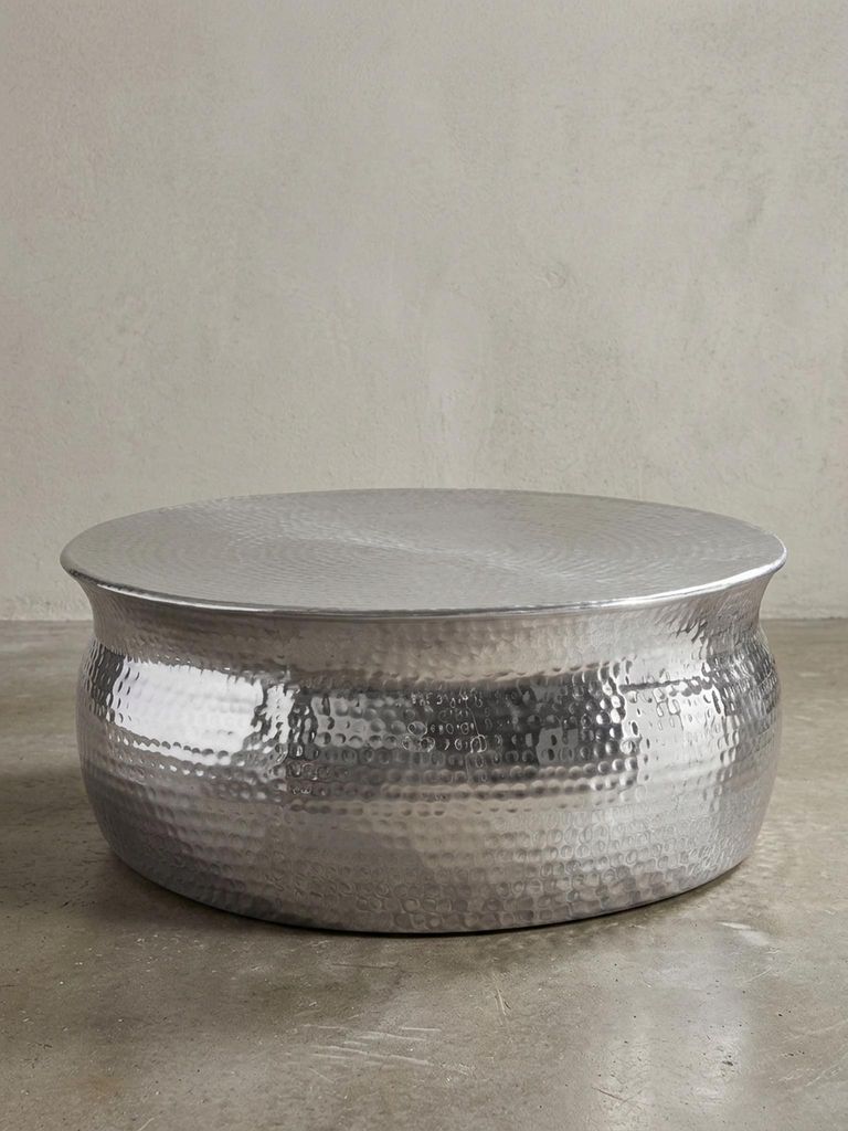 Couchtisch 75x31x75cm Aluminium Silber Beistelltisch orientalisch rund, Flacher Hammerschlag Sofatisch Metall, Design Wohnzimmertisch modern, Loung...