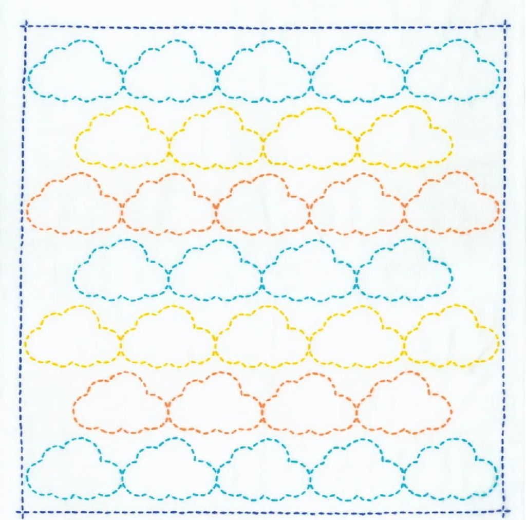 Olympus gestempeltes Sashiko-Stich-Set "Hana Fukin Pop Designs Clouds", 34x34cm, original aus Japan