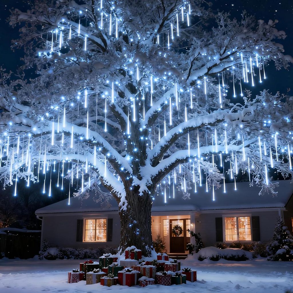 288 LED Meteorschauer Lichterkette Meteor Eiszapfen Lichter Weihnachten Garten Deko, Kaltweiß