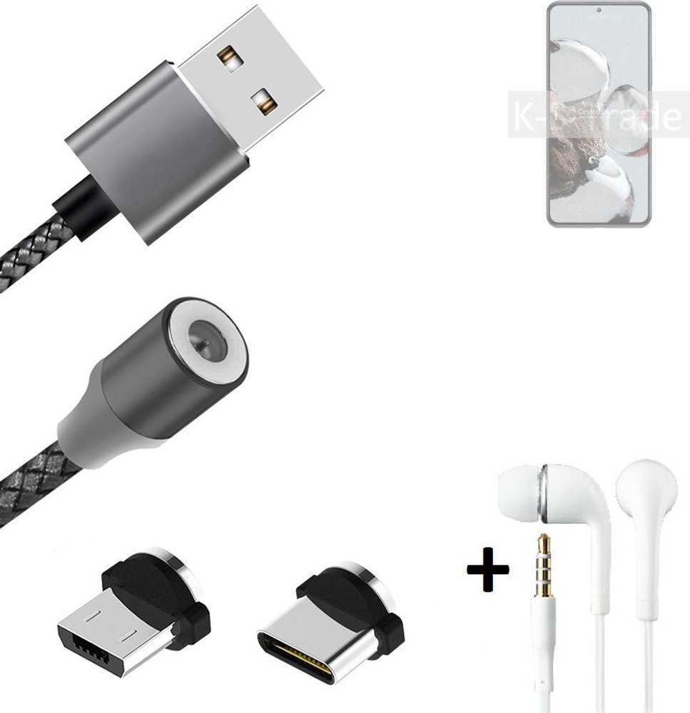 K-S-Trade Hochwertiges Magnet-Lade-kabel Sync-Kabel Daten-Kabel + Kopfhörer kompatibel mit Xiaomi 12T mit USB-Typ-C-Anschluss und