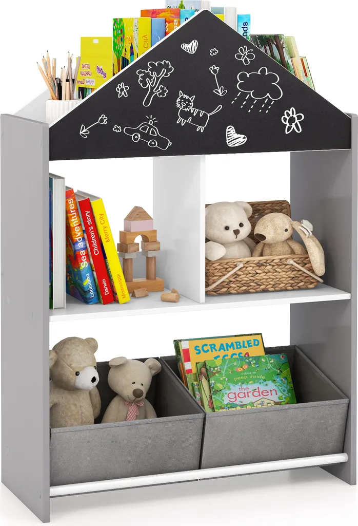 COSTWAY Étagère Enfant 2-en-1 avec Tableau Blanc et 6 Casiers Gris