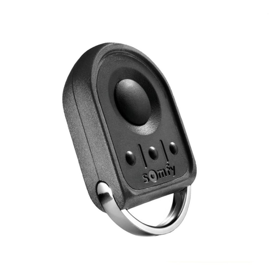 A black Somfy KeyGo 4 RTS 4-Kanal Mini-Funkhandsender with a silver keyring attached, isolated on a white background.