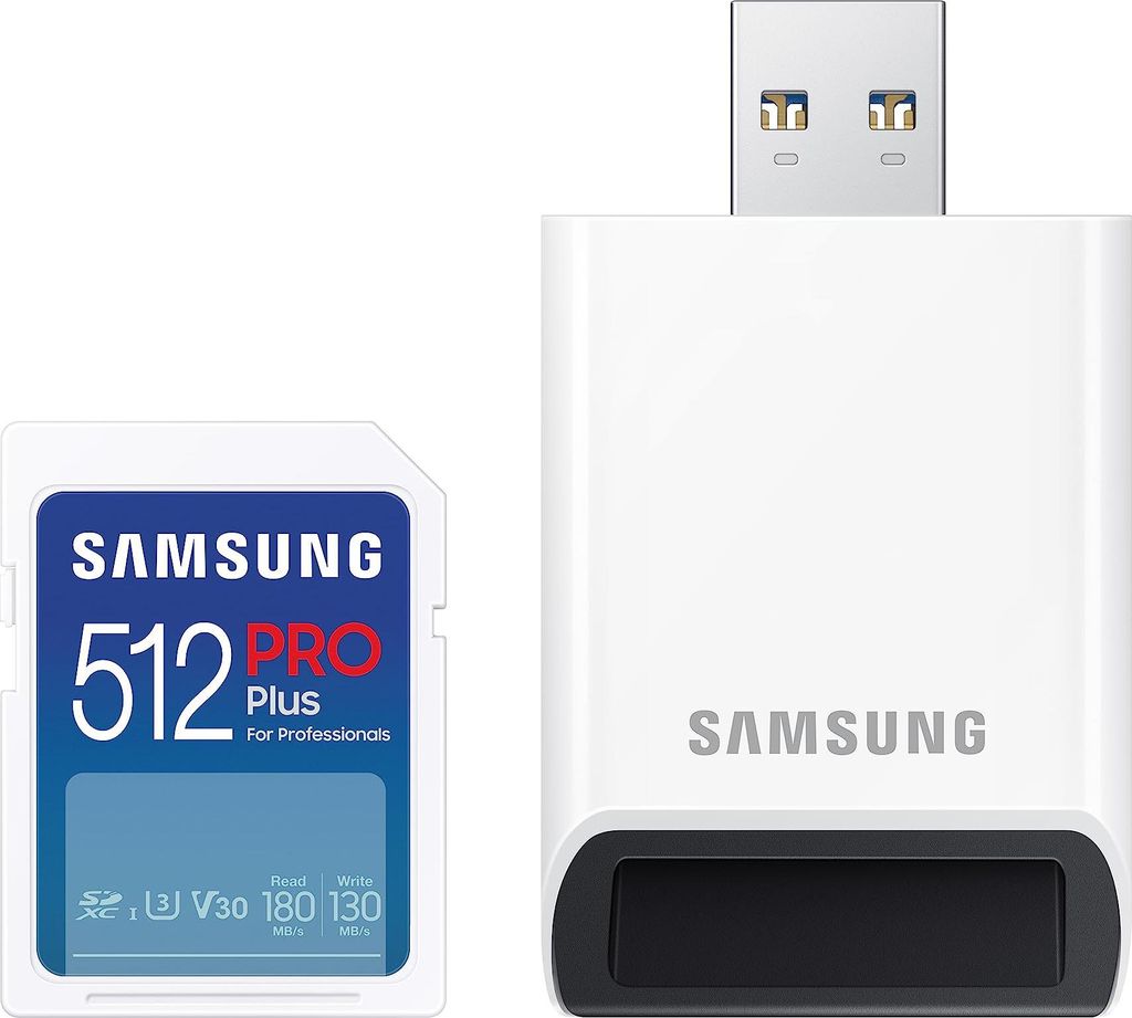 Samsung PRO Plus SD-Karte, 512 GB, UHS-I U3, Full HD & 4K UHD, 180 MB/s Lesen, 130 MB/s Schreiben, Speicherkarte fr Kameras und Drohnen, Inkl. USB-...