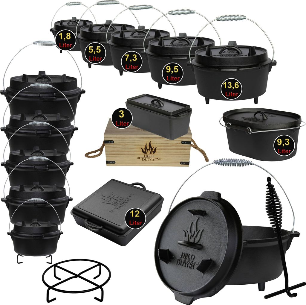 Dutch Oven Set Gusseisen Deckelheber Feuertopf Schmortopf Kochbuch 1.8L - O1 ohne Füße
