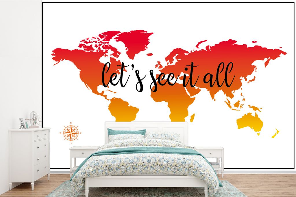MuchoWow Fototapete für Wohnzimmer oder Schlafzimmer Wandtapete Vinyl Motivtapete Weltkarte - Sonnenuntergang - Kompass - 420x280 cm - Zimmer f...