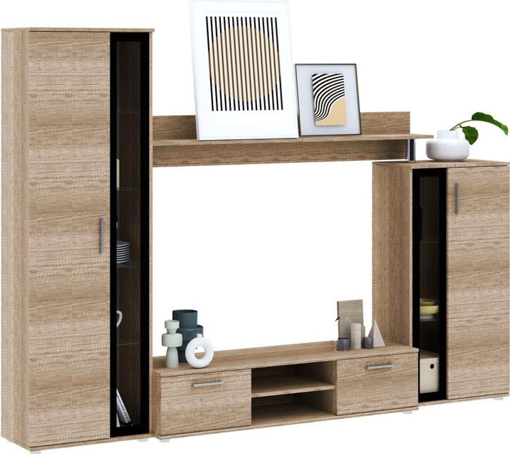 A modern media wall unit with integrated storage and display shelves.