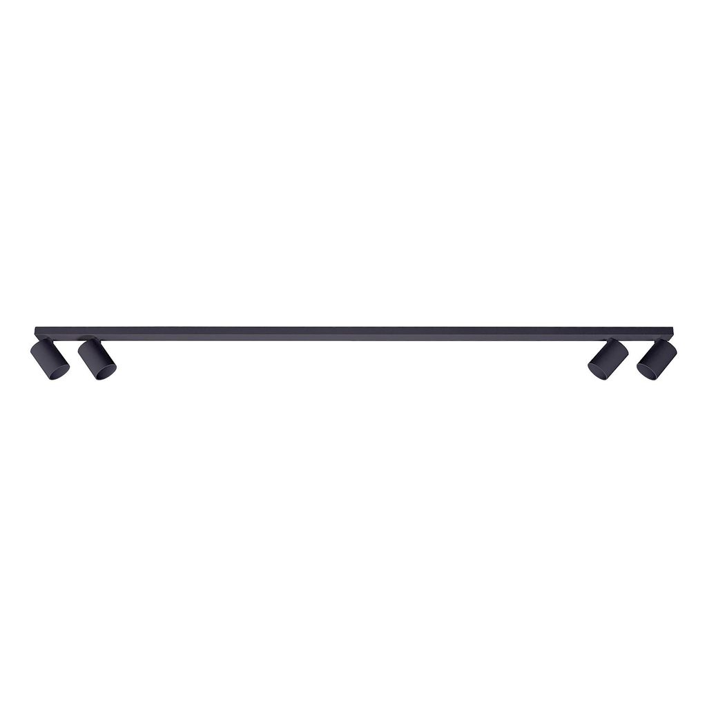 A product shot of a black ceiling spotlight bar with four adjustable spotlights.