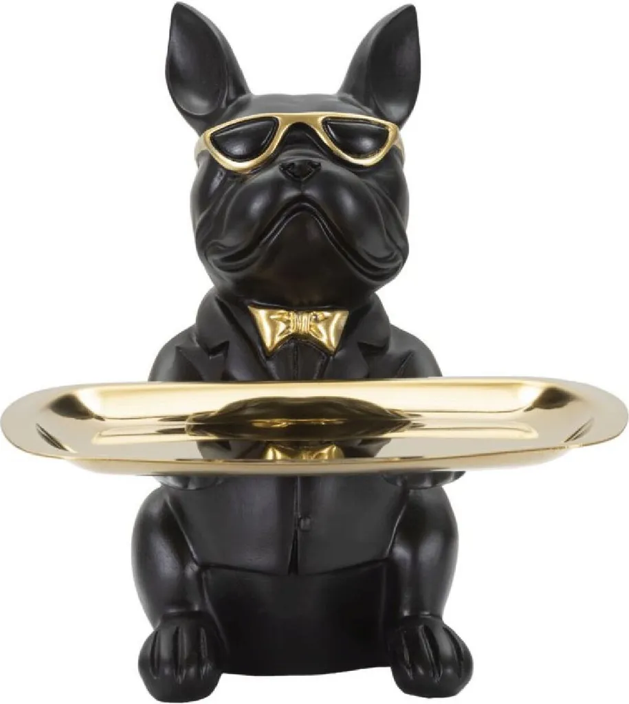 Statue Bouledogue Décorative Noire et Dorée avec Vide-poche Design Chic