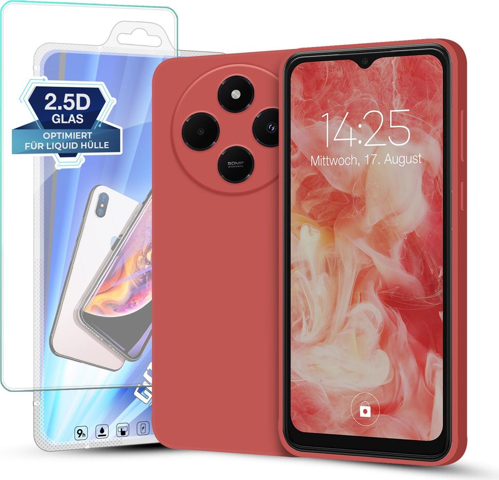 A red smartphone case and screen protector are displayed with a phone screen showing the time and date.