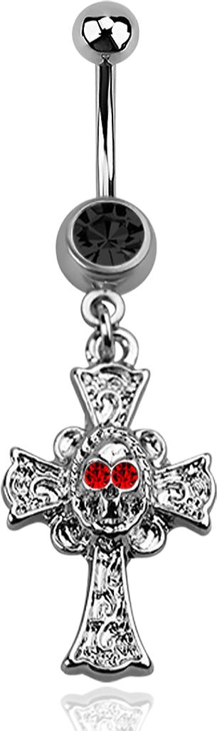 Bauchnabelpiercing Kreuz Totenkopf Skull Cross Zirkonia Edelstahl Bananabell schwarz/rot