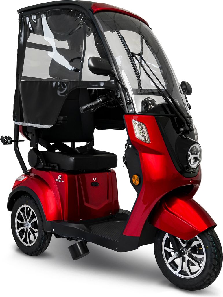A red three-wheeled electric scooter with a roof and weather protection, shown against a white background.