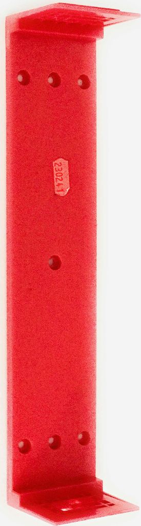 A red metal bracket for a waste separation system.