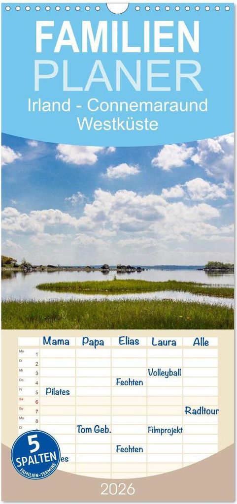 Familienplaner 2026 - Irland - Connemara und Westküste mit 5 Spalten (Wandkalender, 21 x 45 cm) CALVENDO