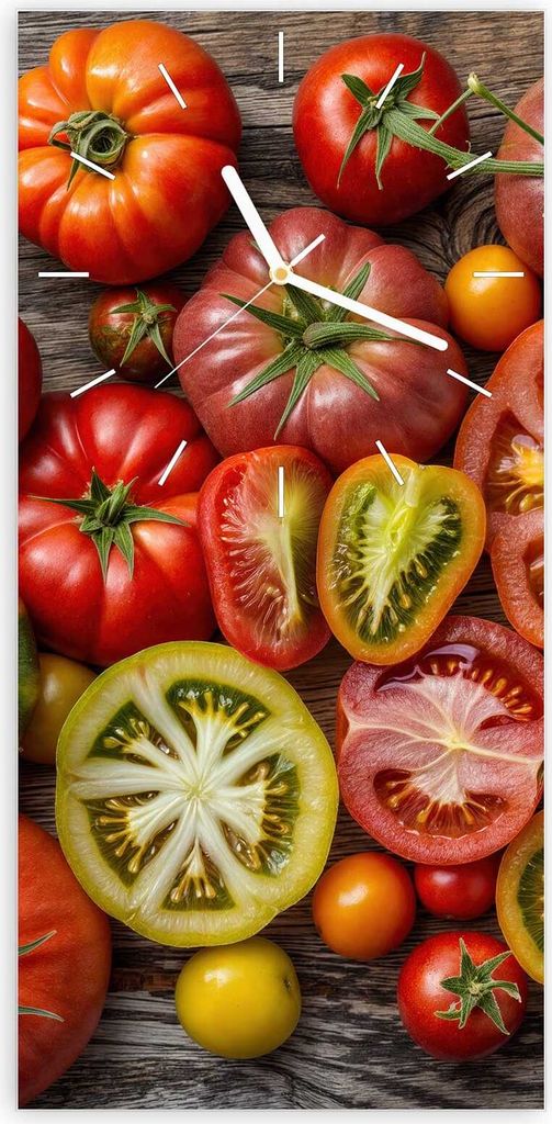 Wanduhr aus Glas mit Motiv Verschiedene Tomaten- 30 x 60 cm - inkl. Aufhängesystem