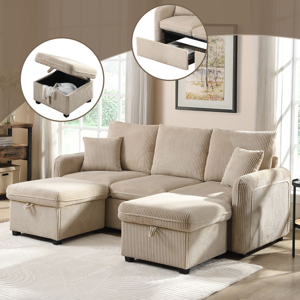 STILVORA Ecksofa Multifunktionale Polster-Sofa U-Form-Dreisitzer,Loungesofa mit Staufunktion,Sofa mit Schubladen und Hocker,Beige
