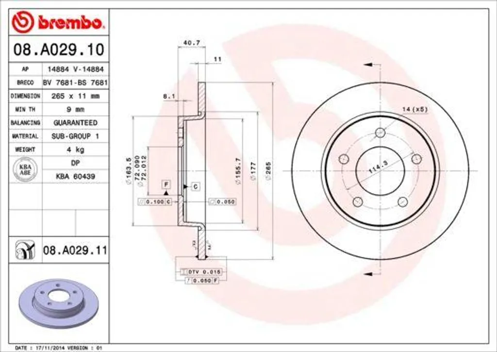 Brembo 08.A029.11 Disque de Frein Arrière OE BP4Y26251B pour Mazda 3 BK BL