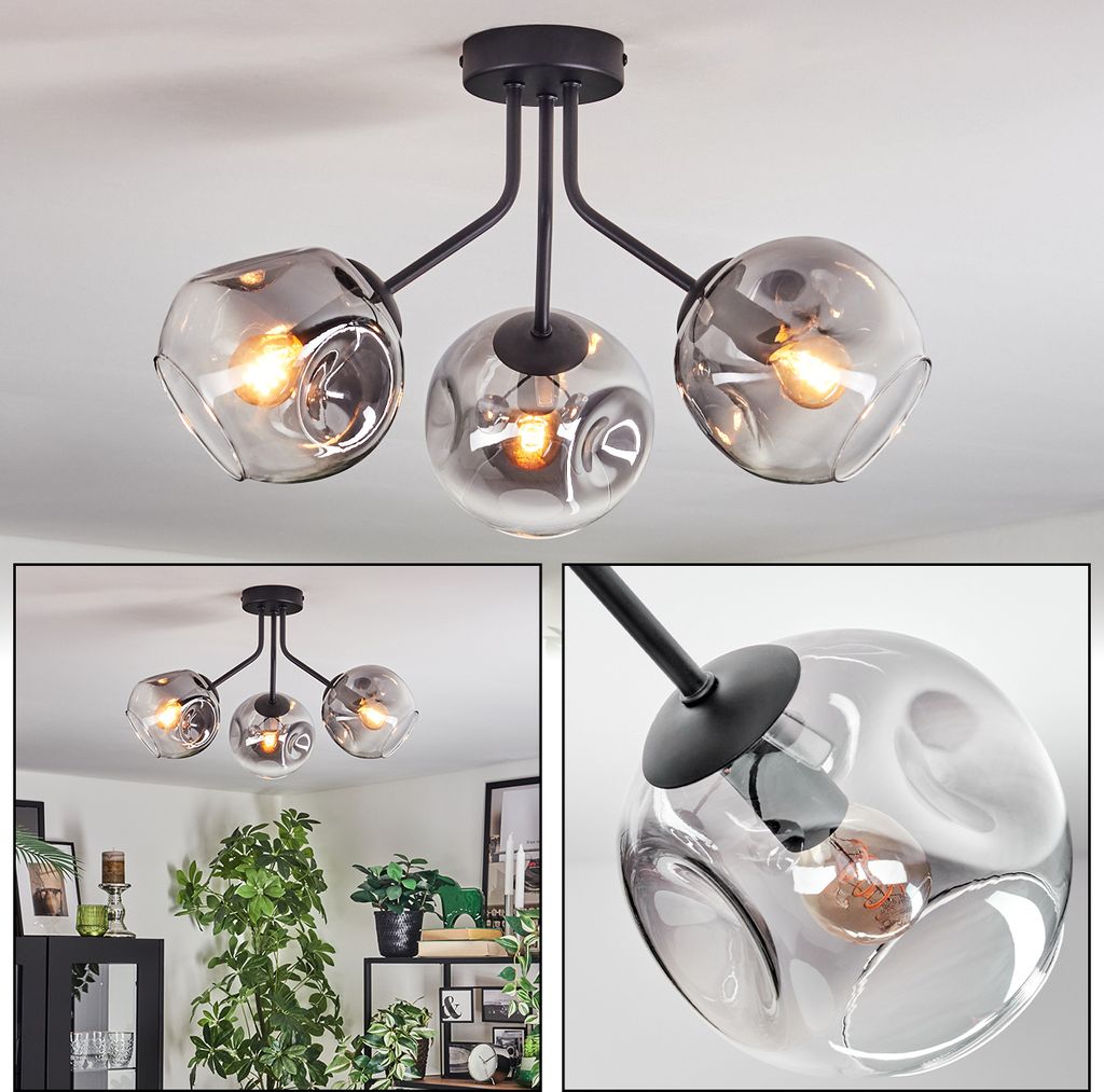 Villamare Deckenlampe aus Metall/Glas in Schwarz/Rauchfarben/Klar