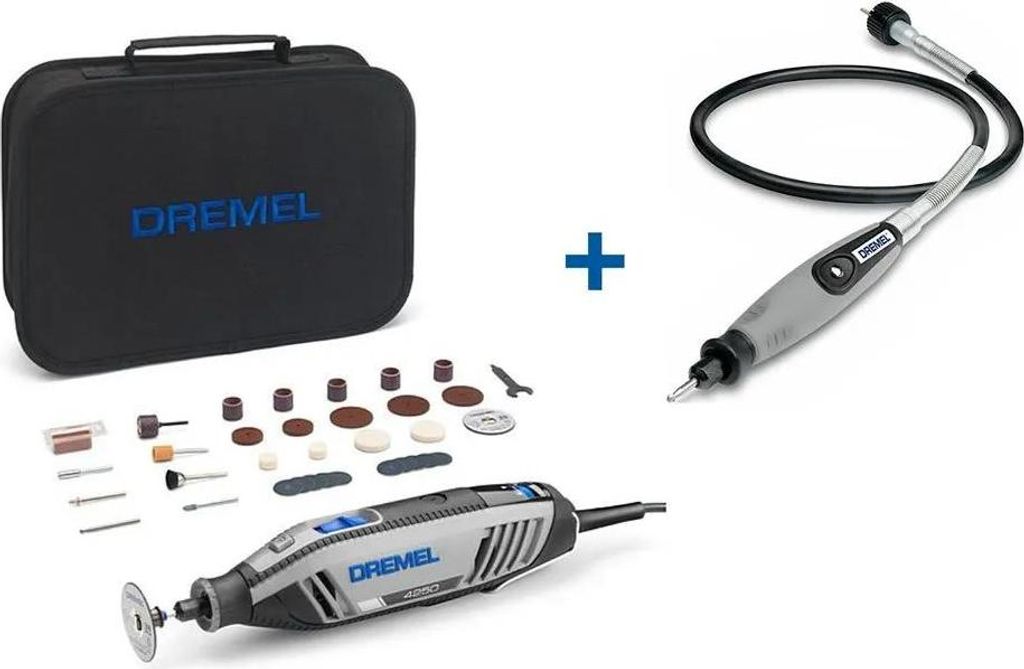 A Dremel multi-tool kit with accessories and a flexible shaft, laid out on a white background.