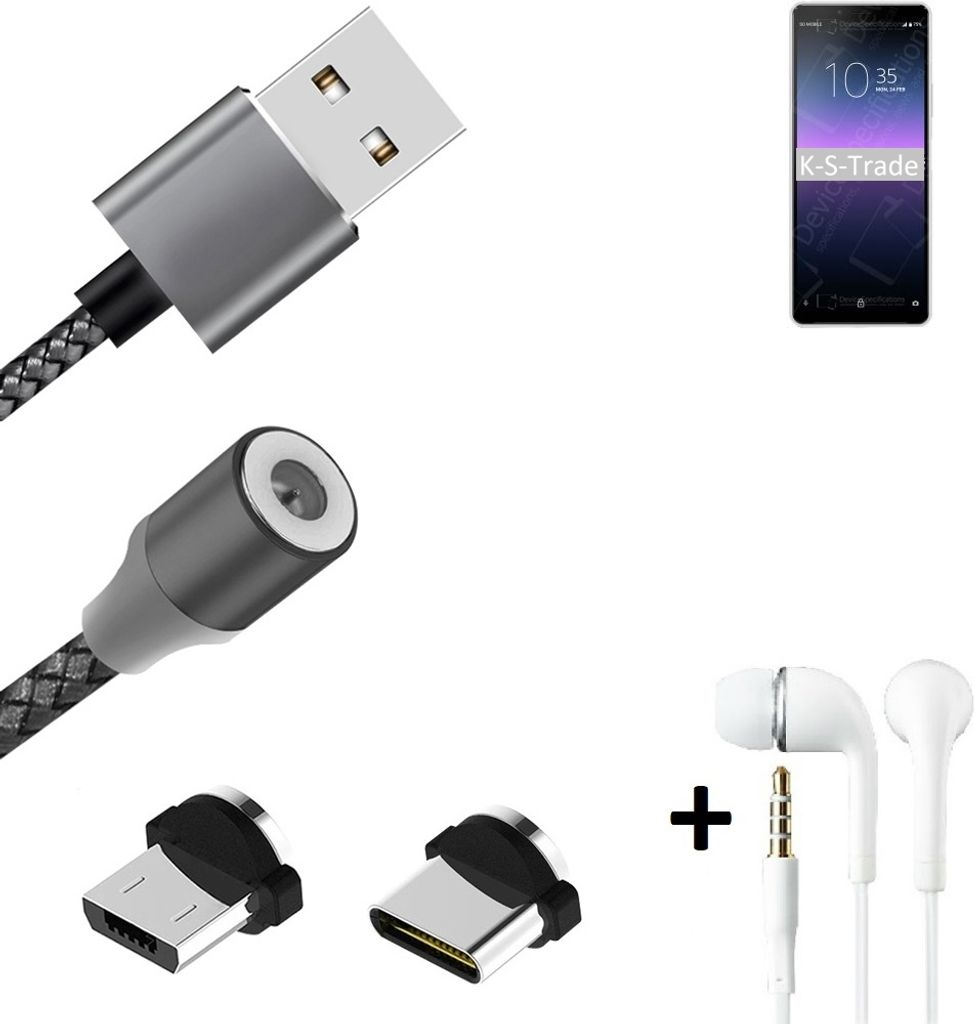 K-S-Trade Hochwertiges Magnet-Lade-kabel Sync-Kabel Daten-Kabel + Kopfhörer kompatibel mit Sony Xperia 10 II mit USB-Typ-C-Anschluss und