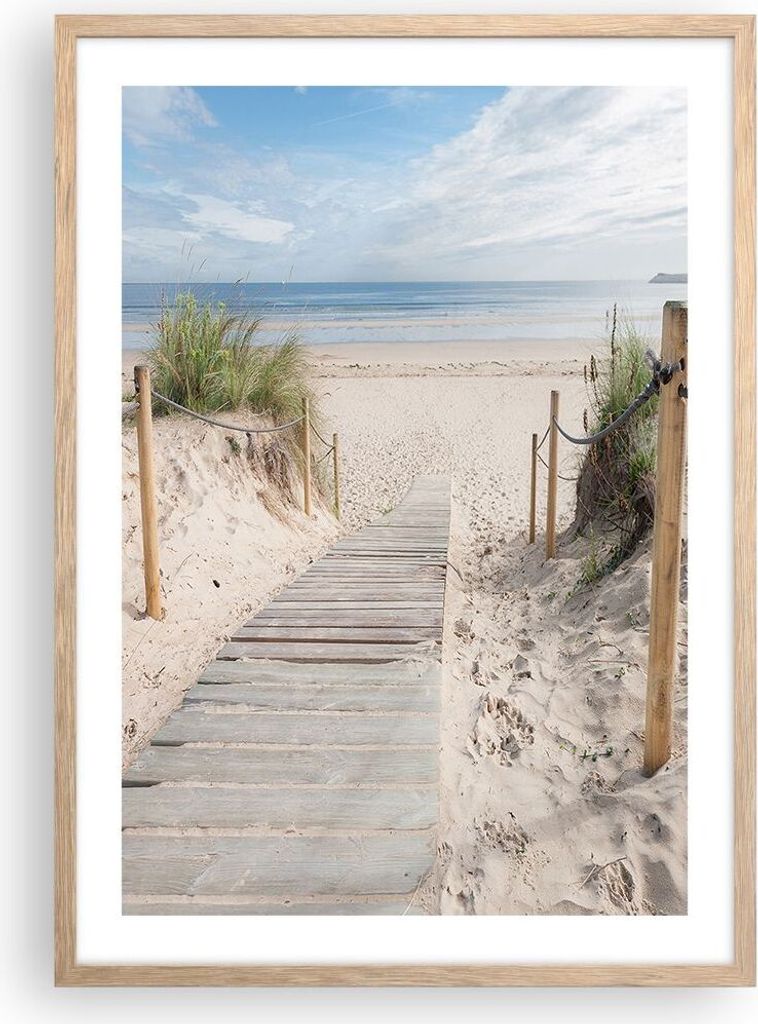 Gerahmtes Poster - Rahmen in heller Eiche - Strand Düne Eintritt - 50x70 cm - Wand Bild - Wanddeko - Wandbilder - Wandposter - Bilderrahmen - Bild...