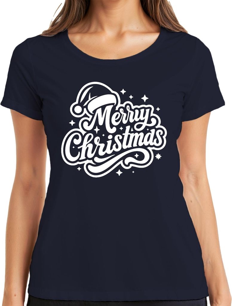 Merry Christmas Santa Hat Sterne Weihnachten Geschenk Vintage Damen T-Shirt, Navy, 3XL