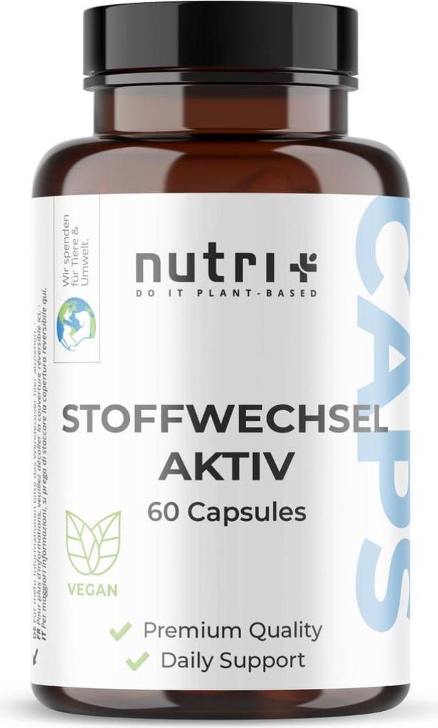 nutri+ Stoffwechsel Aktiv | 60 Kapseln | mit 9 Vitaminen, 3 Mineralstoffen, Pflanzenextrakten, Cholin & Q10 | vegan