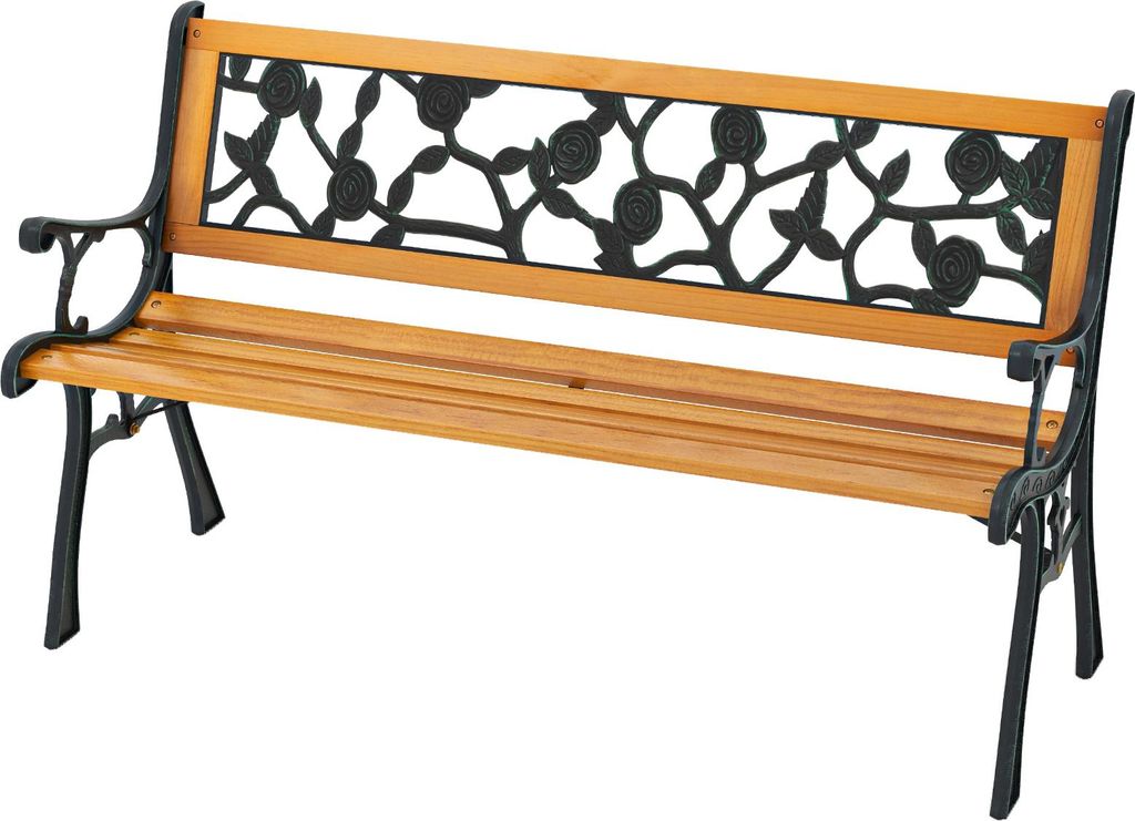 Gartenbank für 3 Personen, Gartenbank aus Holz mit gebogenen Armlehnen, Außenbank mit exquisiter Rückenlehne und Blumenmotiv (flach)