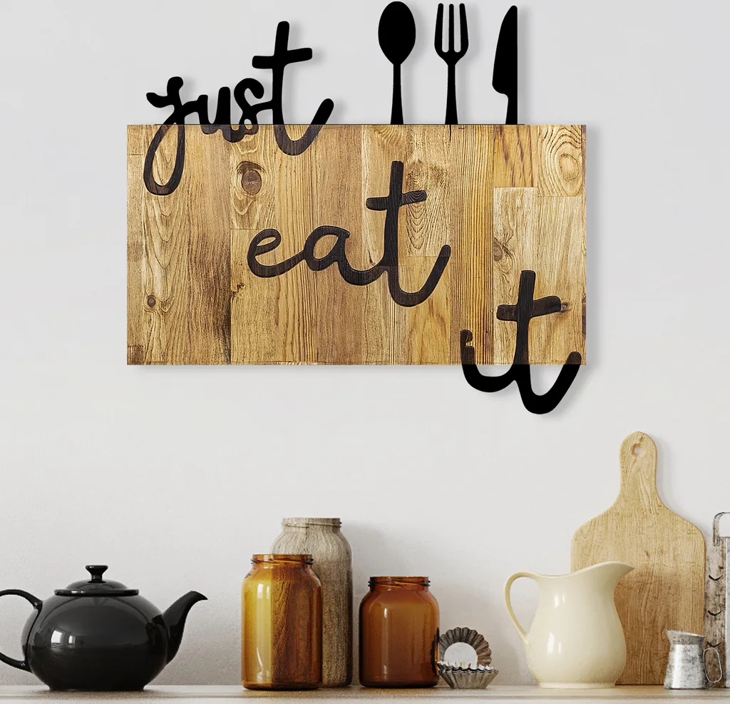 Wallity Just Eat It Décoration Murale Design en Noyer et Métal 58x52 cm
