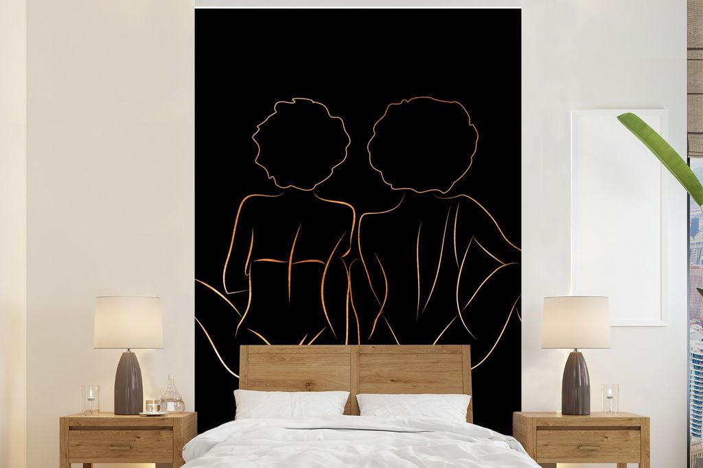 MuchoWow Fototapete für Wohnzimmer oder Schlafzimmer Wandtapete Vinyl Motivtapete Frauen - Linienkunst - Schwarz und Gold - 225x350 cm - Schlafz...