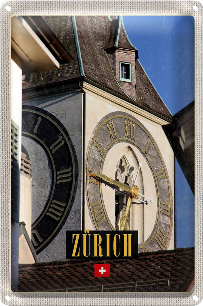 Blechschild Reise 20x30cm Zürich Kirchenuhr Gold Architektur