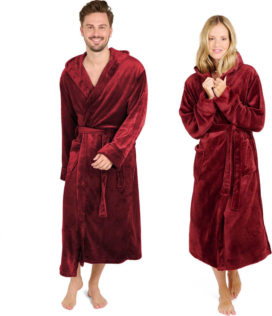Blumtal Bademantel Damen und Herren - kuschelig weicher Fleece Bademantel mit Kapuze & praktischen Fronttaschen, , Größe XXXL, Farbe Dunkelrot