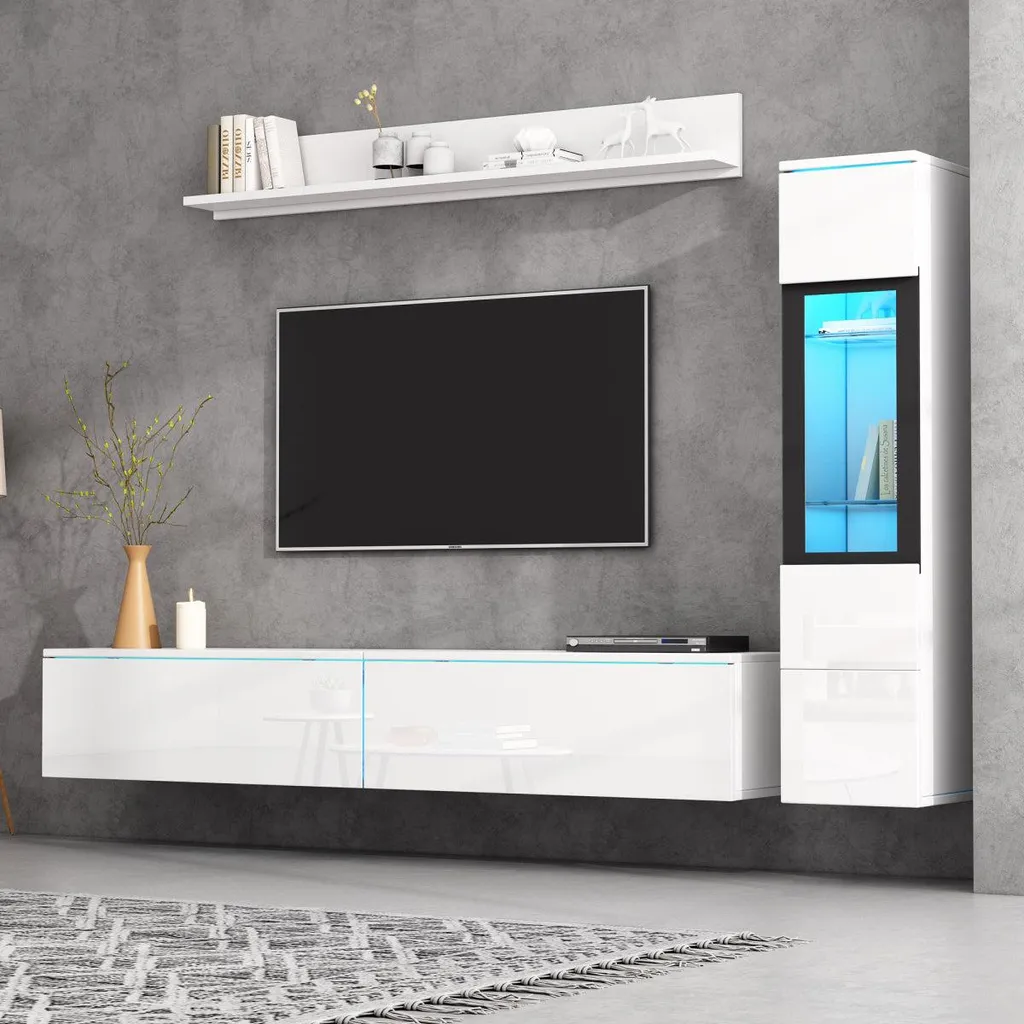 Ensemble mural TV 3 pièces blanc brillant avec LED connectée App