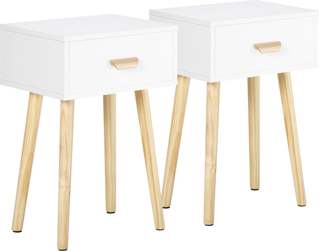 HOMCOM 2er-Set Nachttische mit Schublade und Holzbeinen für Schlafzimmer, Wohnzimmer, Bett, Büro, moderner Stil, 40,5 x 30,5 x 60 cm, Weiß