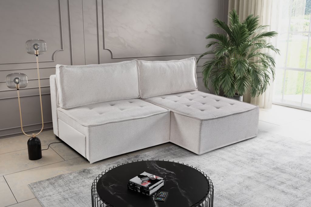 Kaiser Möbel Bohoo Mini modernes Ecksofa mit Schlaffunktion Hellbeige Rechts