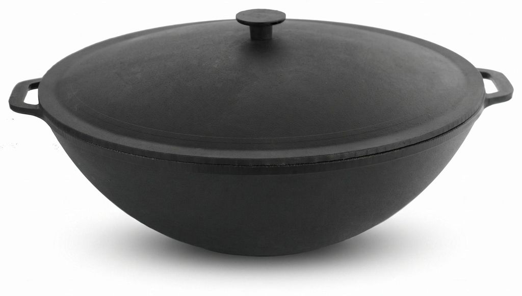 Gusseisen Wok 36 cm mit Gusseisendeckel Kazan 8 L flacher Produktbild 