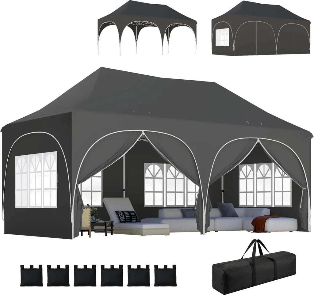 Tonnelle de jardin pop-up 6x3 m en tissu Oxford robuste et réglable Gris